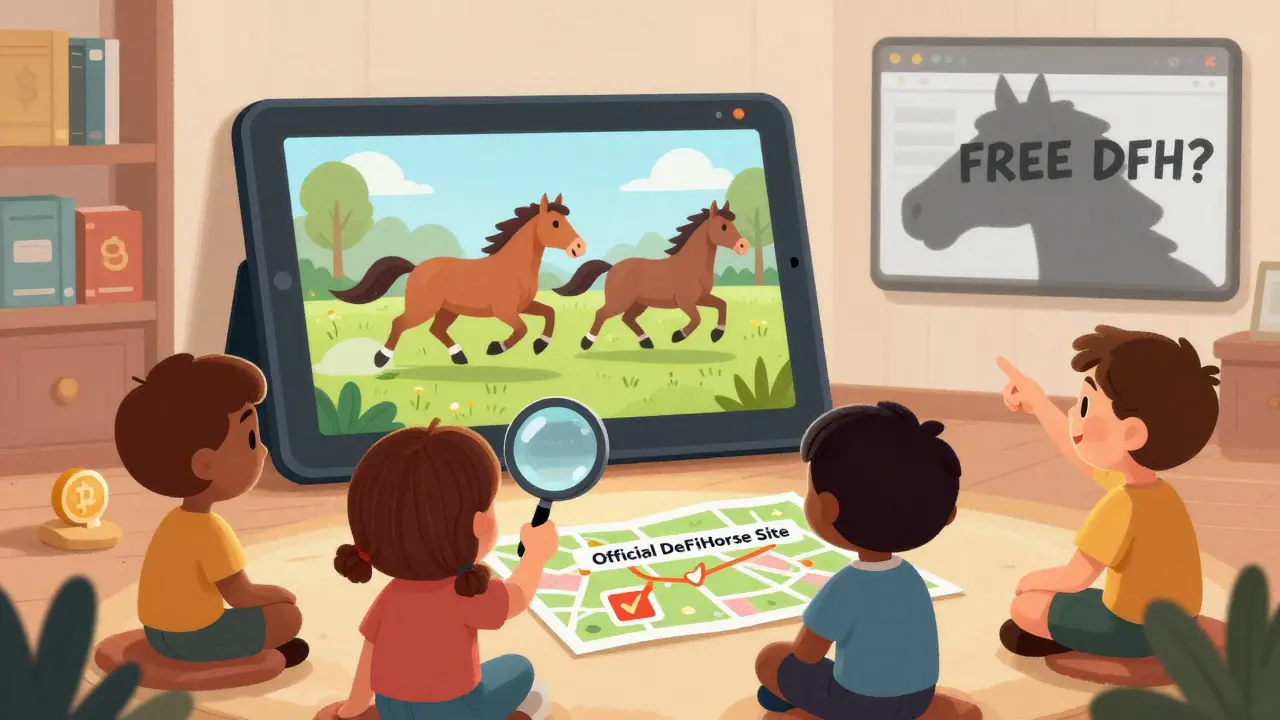 Children learning about crypto safety by watching a horse race on a tablet, avoiding fake websites.