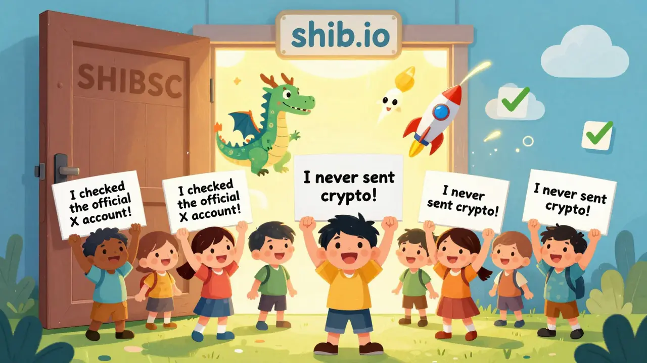 Children stand before a locked SHIBSC door, while a glowing portal to shib.io shines safely behind them.