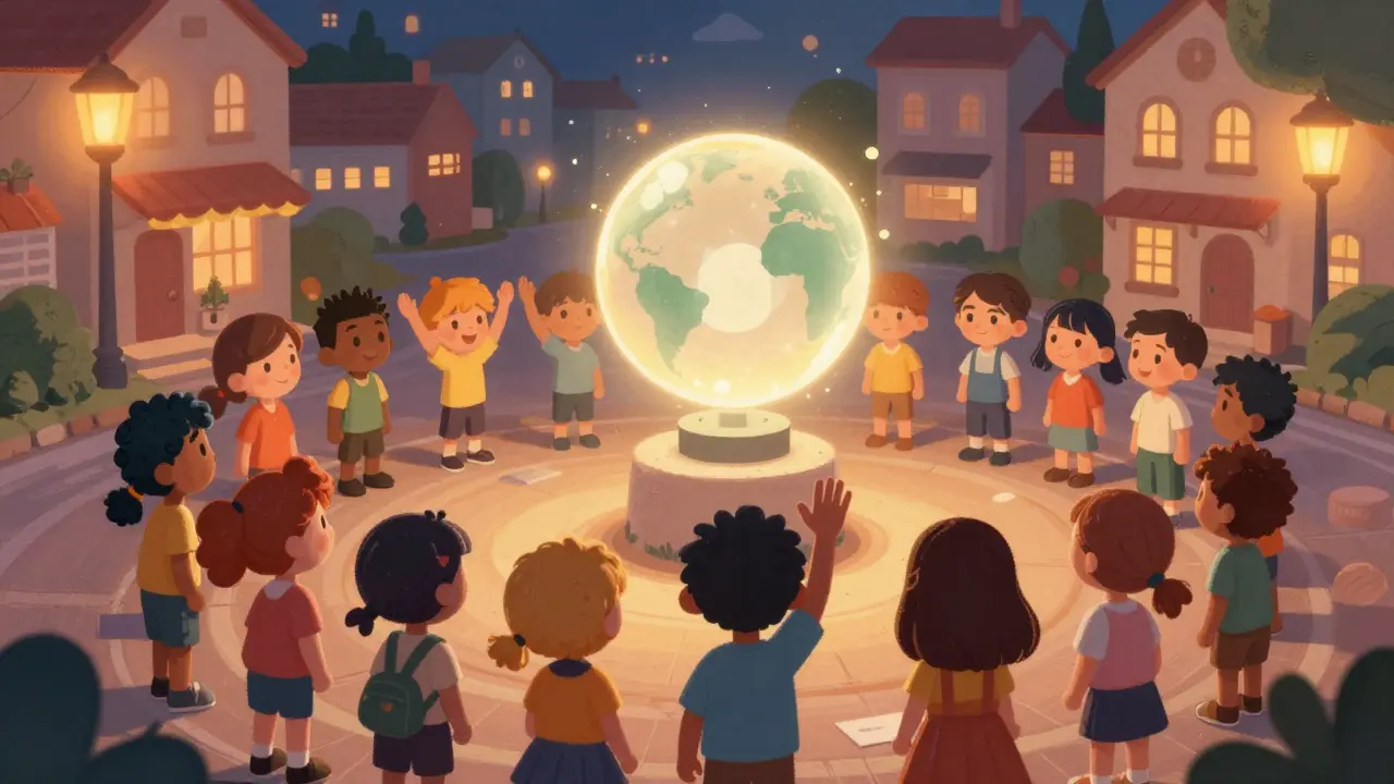 Community characters voting on a glowing orb in a town square.