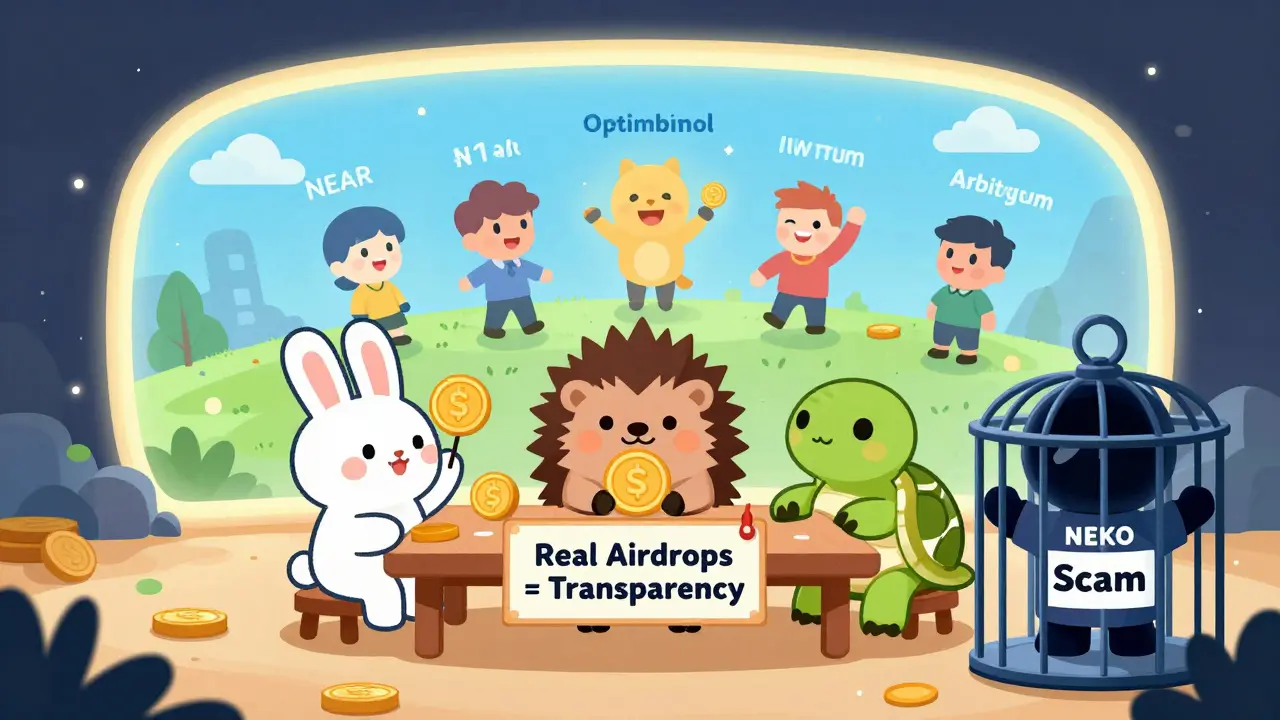 Crypto animals at a table learning about real airdrops while a scammer with 'NEKO' is locked in a cage.