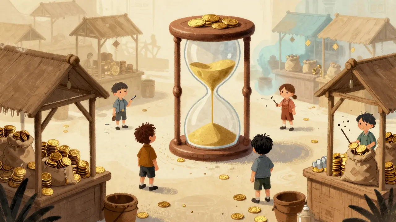 Fading colorful marketplace stall with empty hourglass illustration