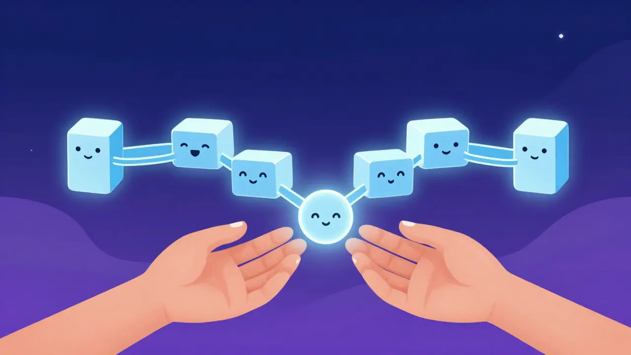 Illustrated hands exchanging a token over a glowing blockchain chain.