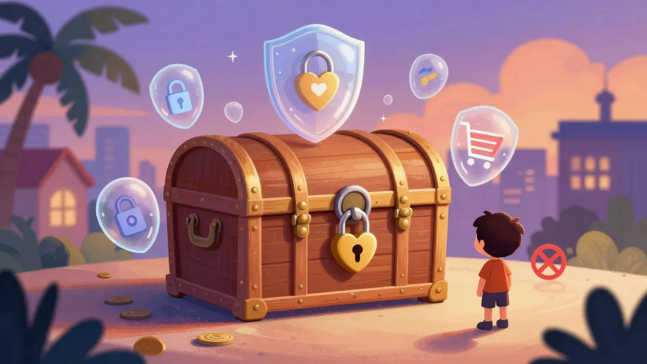 Secure treasure chest surrounded by protective bubbles over a tropical city view