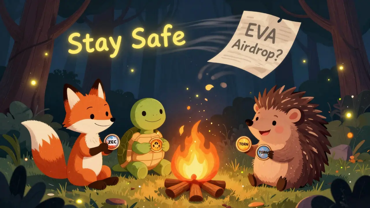 Three animal friends hold real privacy tokens by a campfire as a fake EVA airdrop paper blows away.