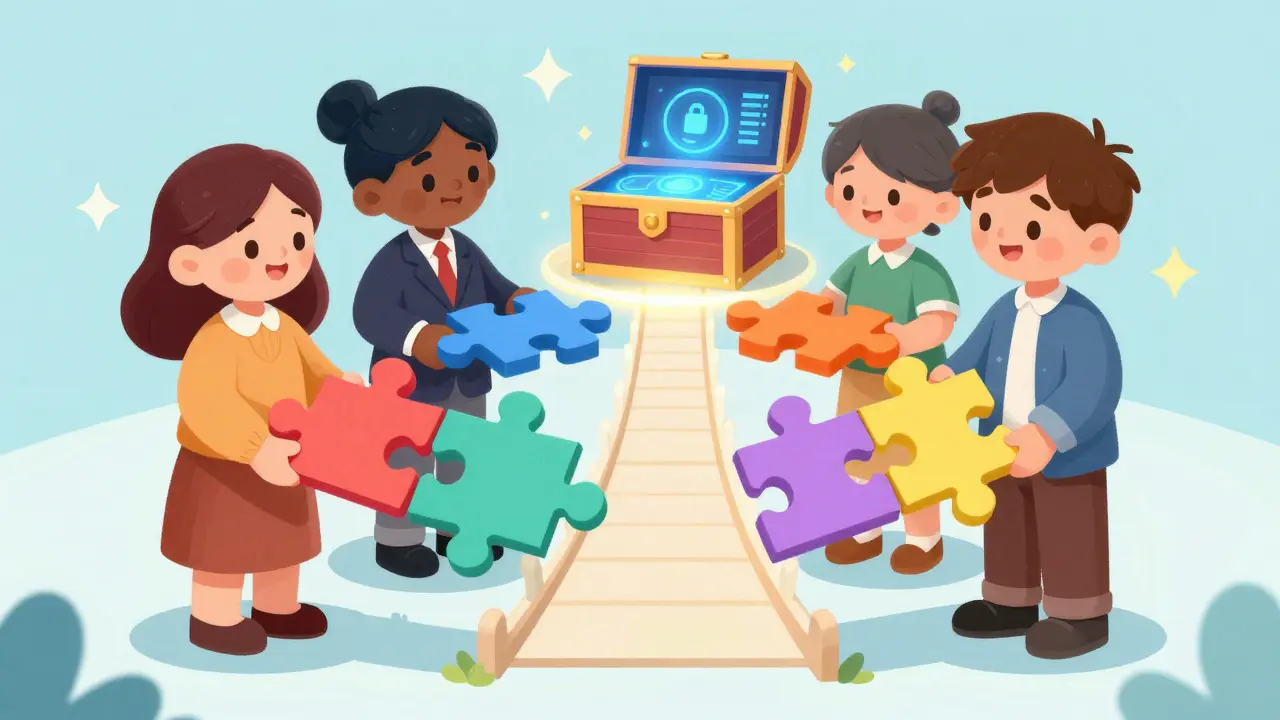 Three people combining puzzle pieces to unlock a digital treasure chest.