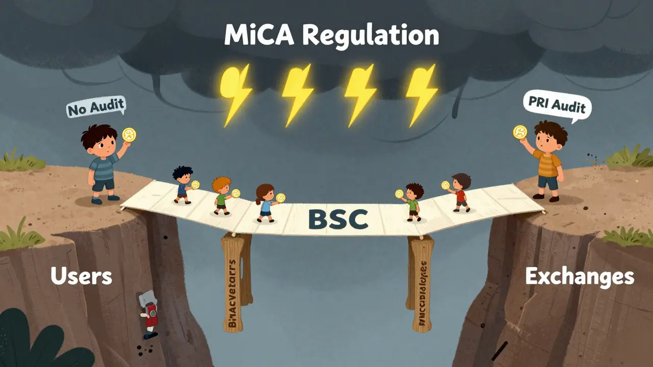 Tiny figures cross a fragile bridge held by 41 pillars, as a storm labeled 'MiCA Regulation' looms overhead.