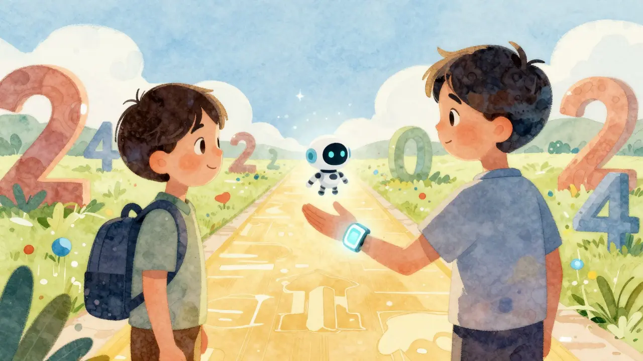 Trader with wearable device walking a bright path with robot guide.