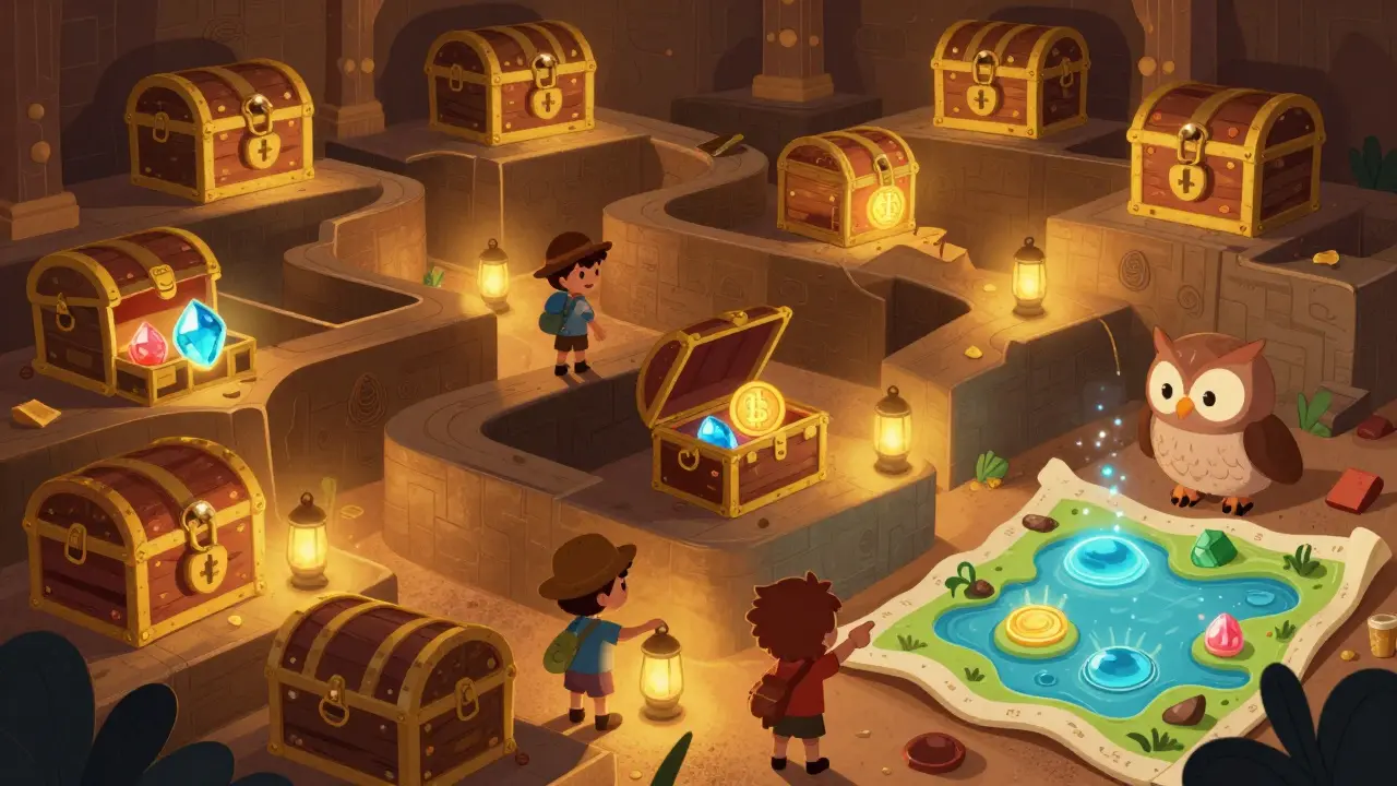 Treasure room with chests and explorers navigating crypto maze