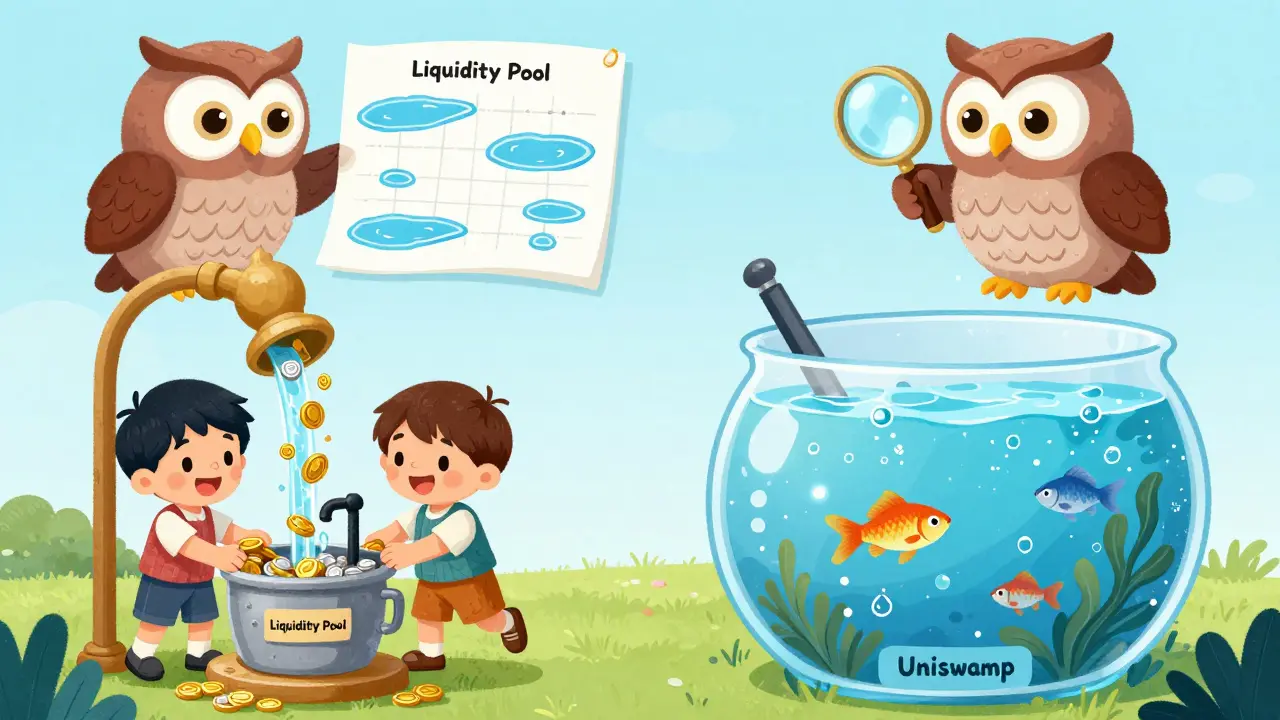 Two children pouring coins into a magical pump that feeds a sparkling fish tank, illustrating liquidity pools.