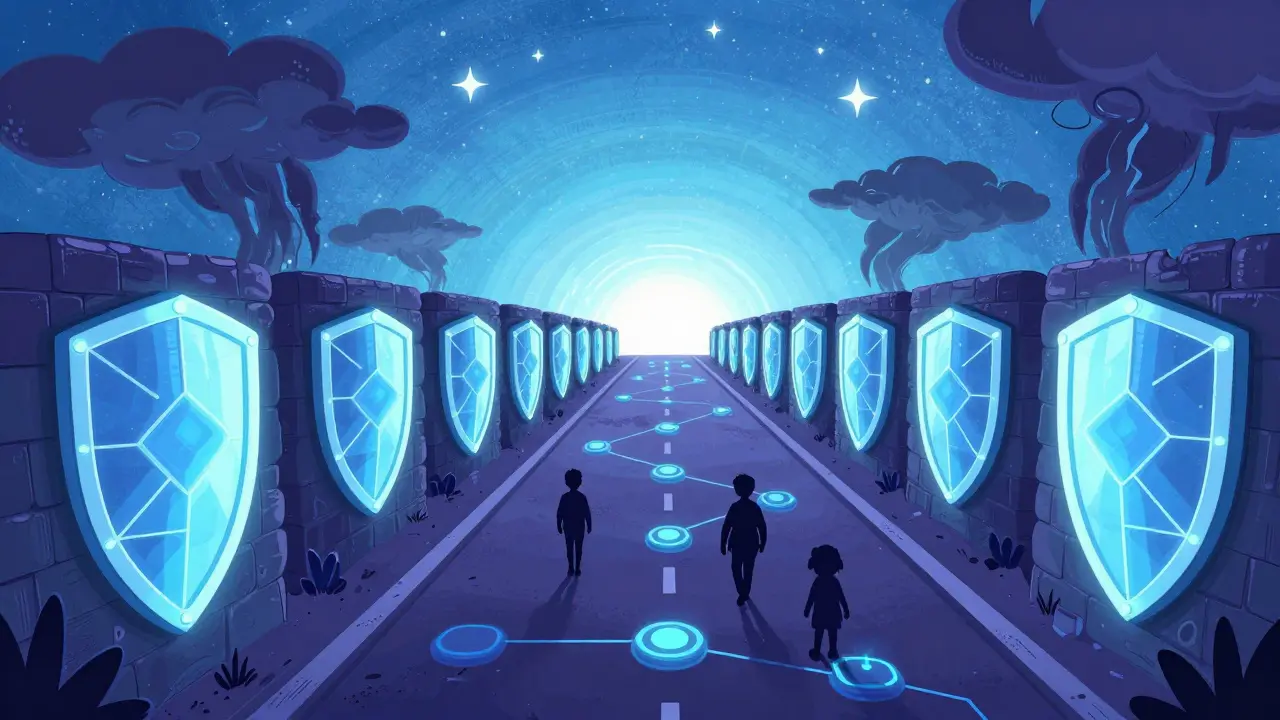 Winding road with glowing shields protecting travelers from storm clouds