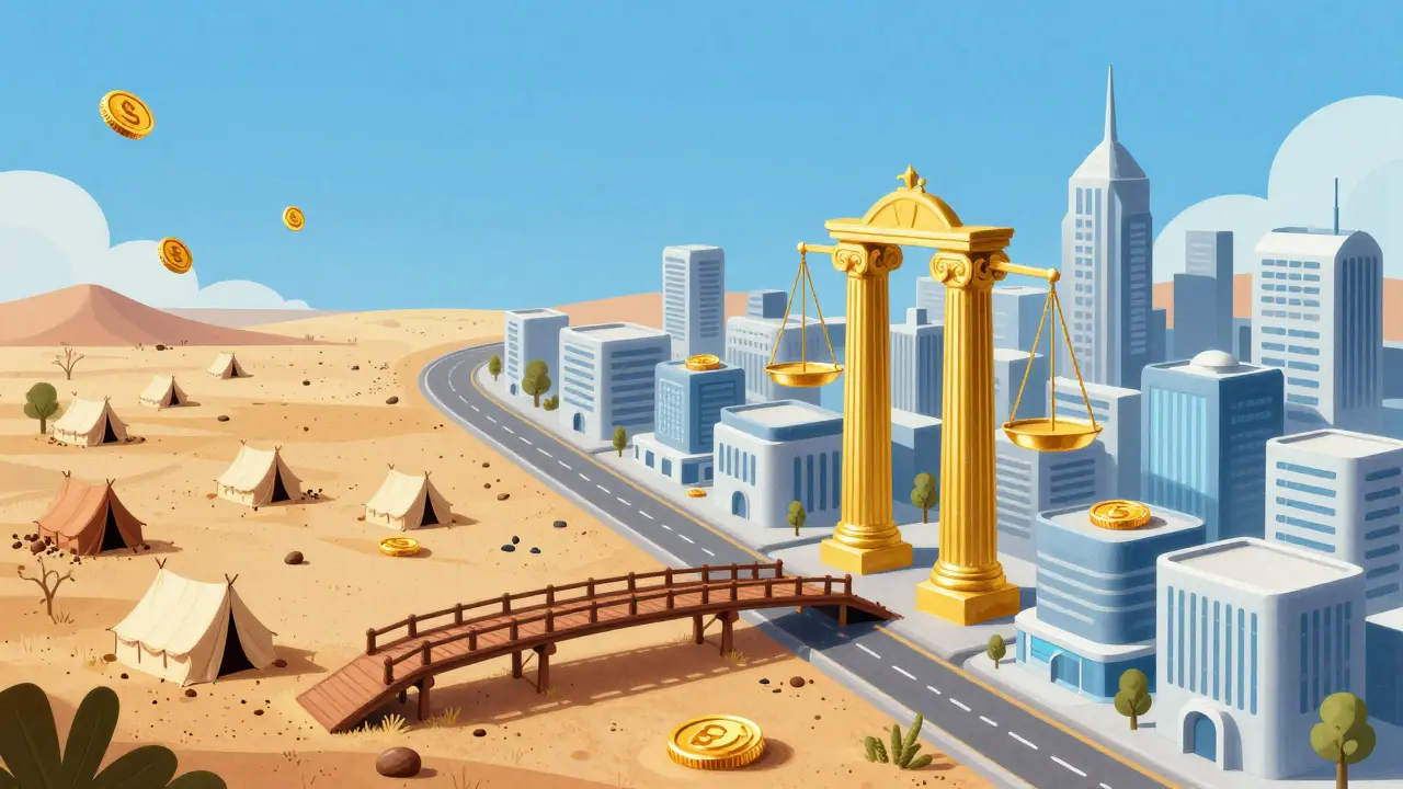 A bridge leading from a chaotic digital wild west to a structured, futuristic city.