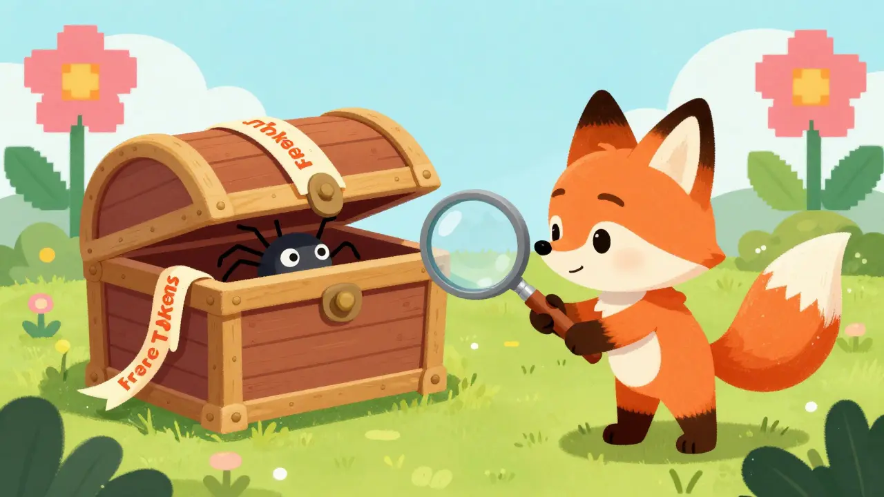 A cautious fox using a magnifying glass to inspect a deceptive treasure chest.