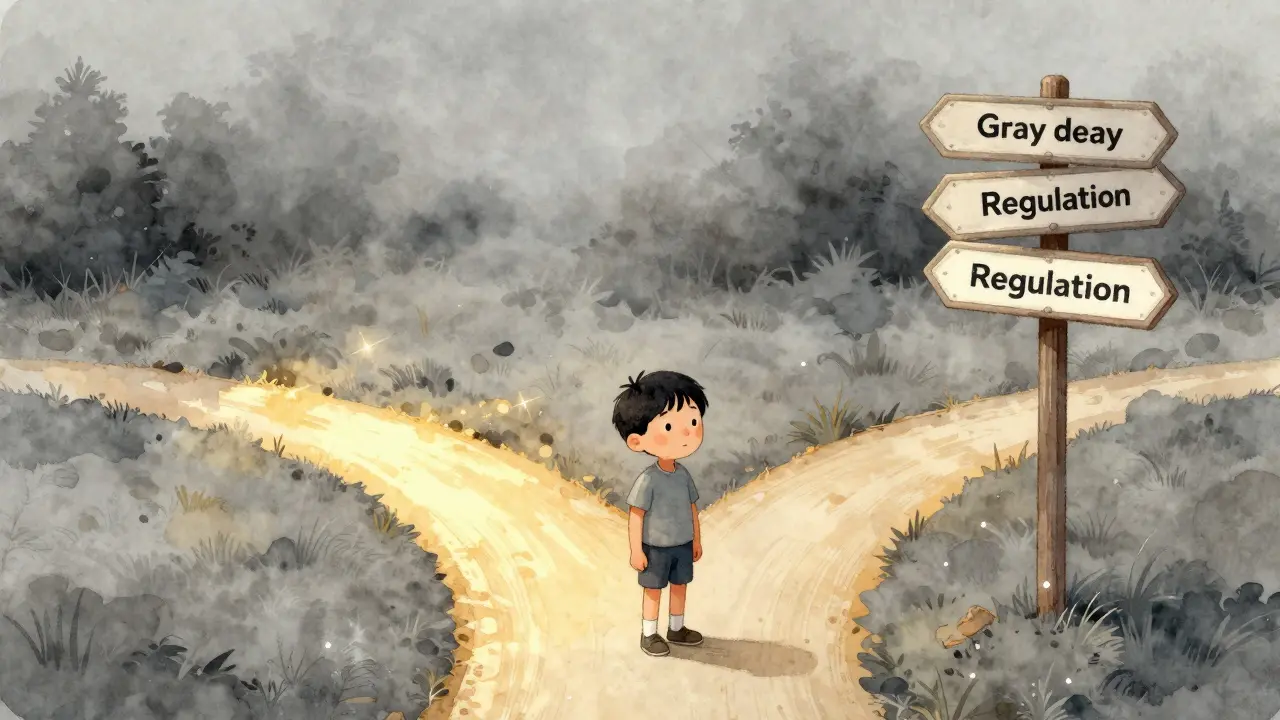 A character at a crossroads choosing between a mysterious golden path and a regulated path.