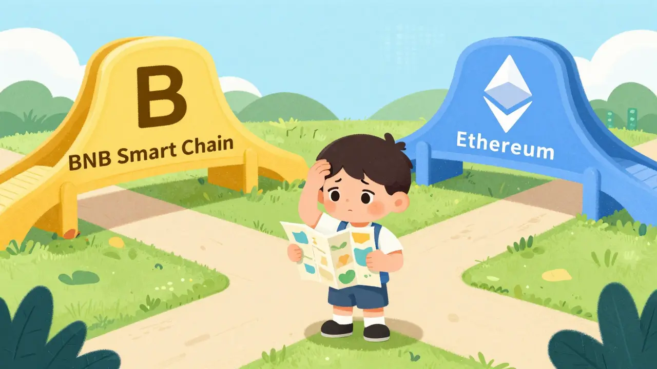 A character standing at a crossroads between BNB Smart Chain and Ethereum paths.