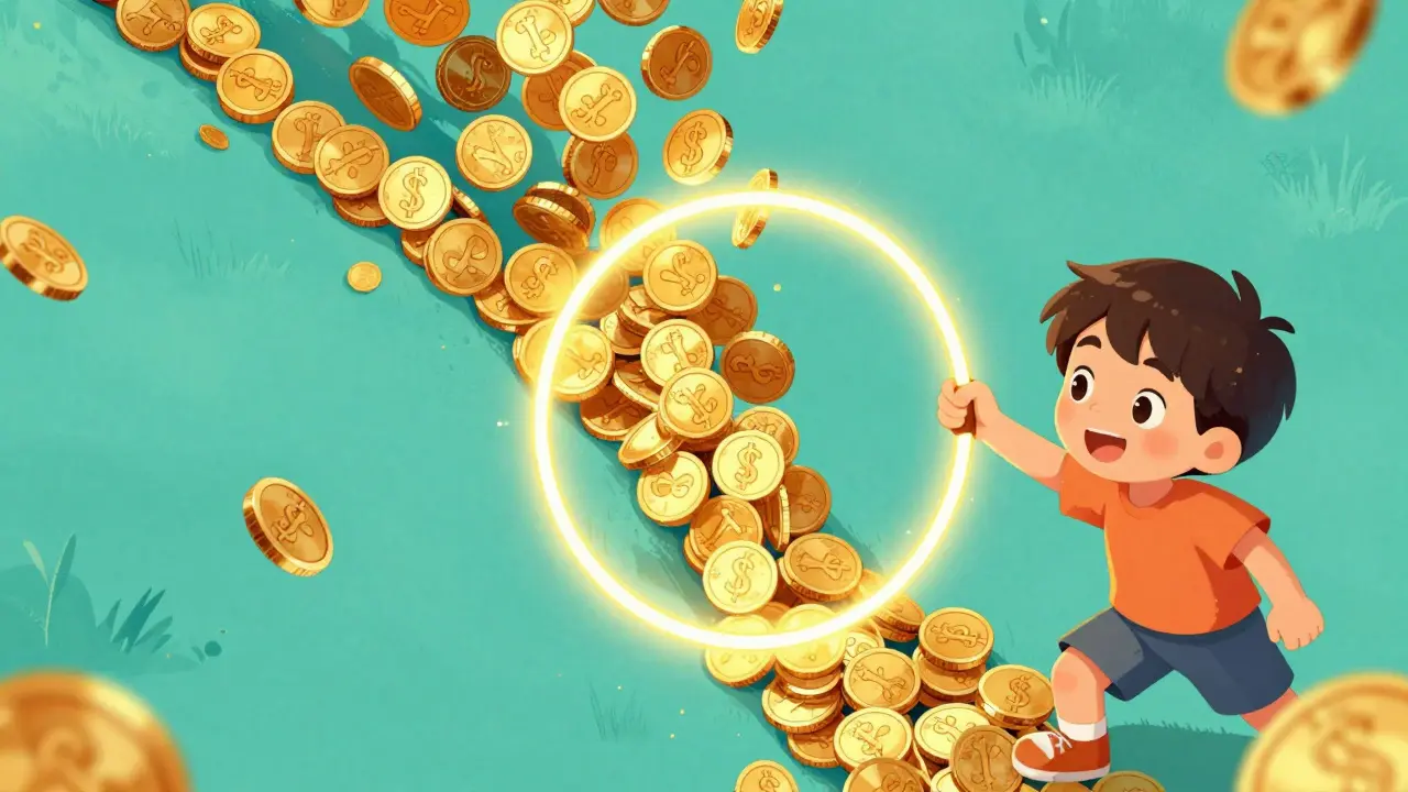 A character using a magic hoop to efficiently catch a stream of gold coins