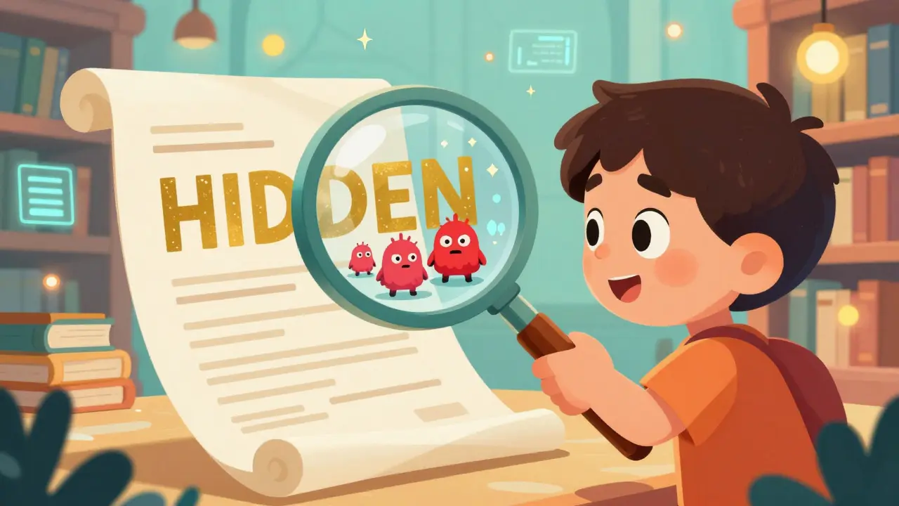 A character using a magnifying glass to find monsters hidden in a digital scroll