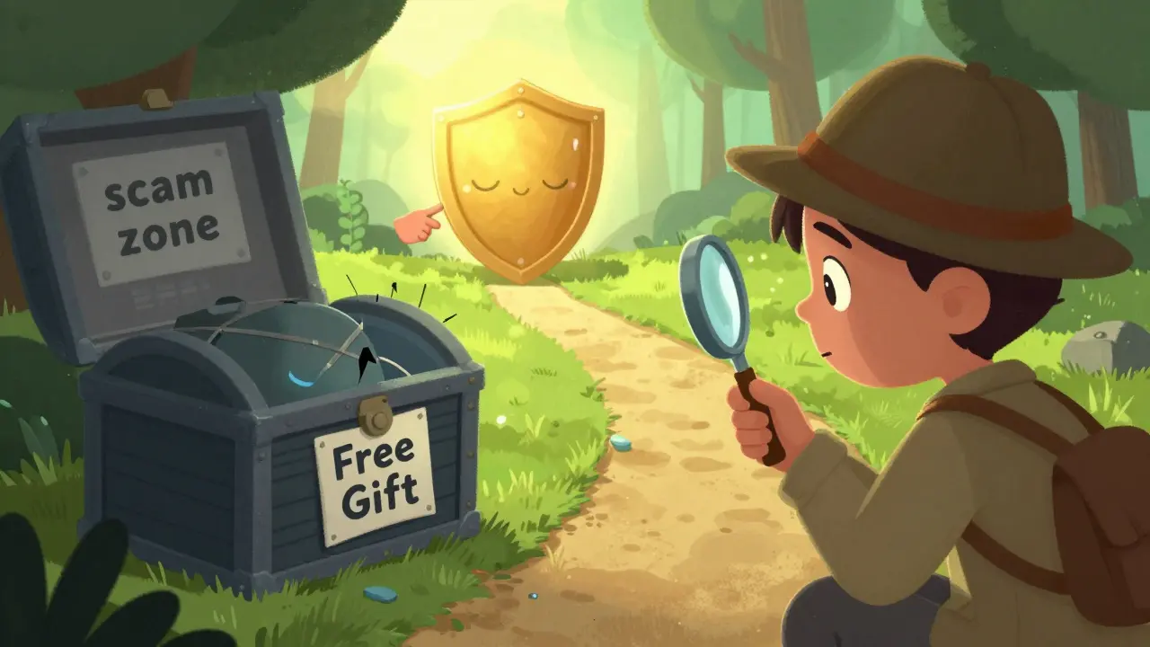 A character with a magnifying glass identifying a fake crypto airdrop scam.