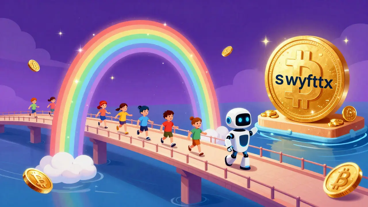 A colorful digital bridge transporting sparkling cryptocurrency coins to a golden harbor.