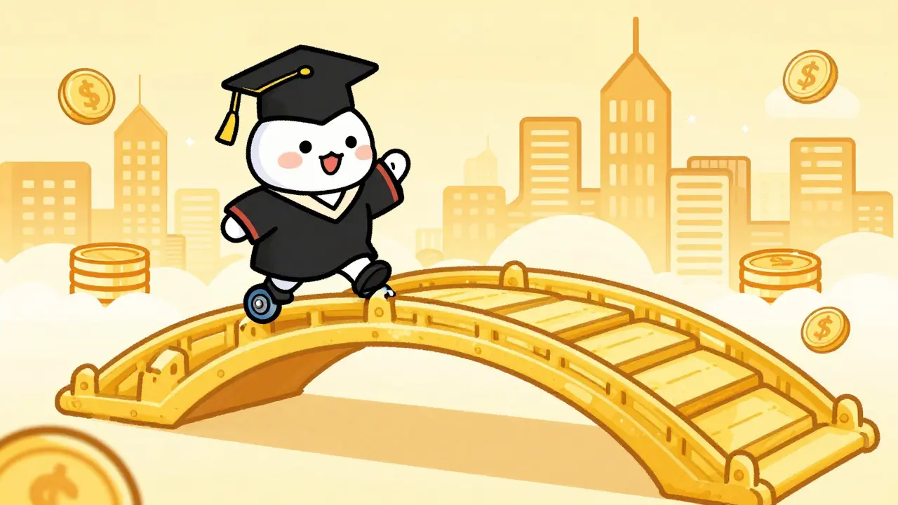 A cute character stepping off training wheels toward a shimmering city of digital assets.
