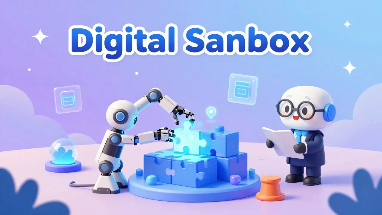 A friendly regulator overseeing a digital puzzle in a glowing futuristic sandbox.