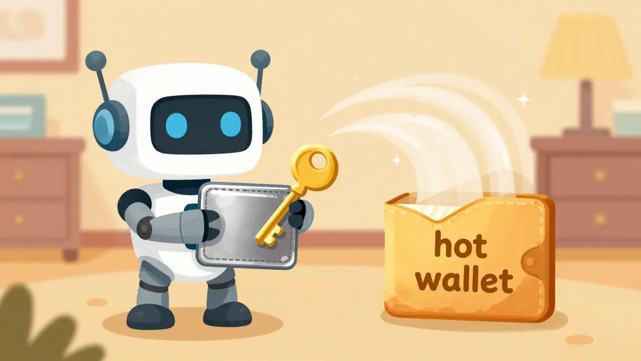 A friendly robot guarding a golden hardware wallet next to a fragile paper wallet
