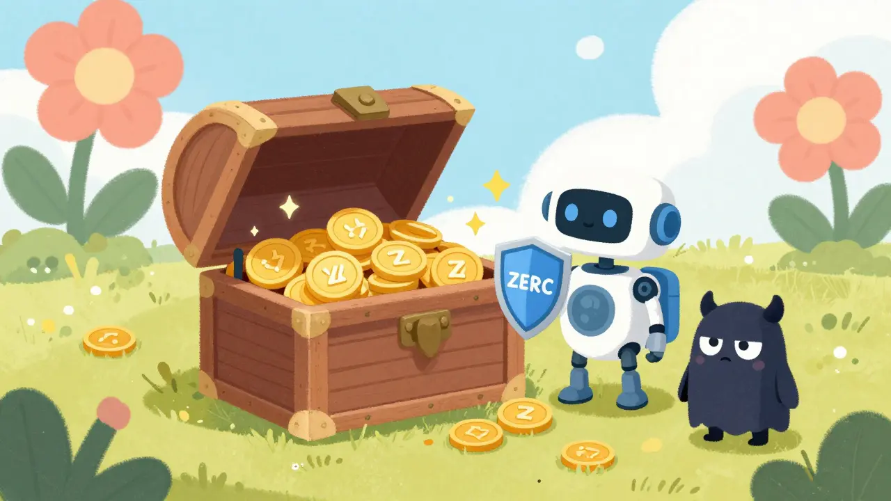 A friendly robot guarding a treasure chest of ZERC tokens from a small shadow monster.