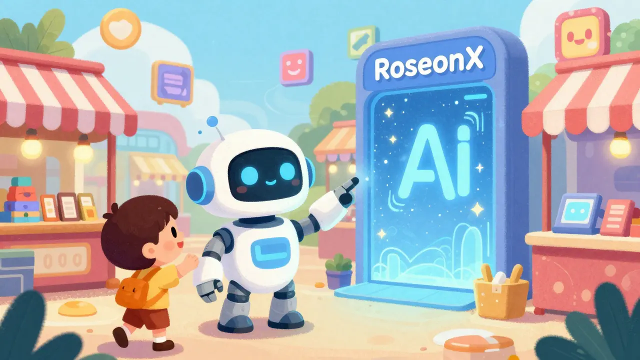 A friendly robot guiding a user through a colorful, AI-powered digital exchange.