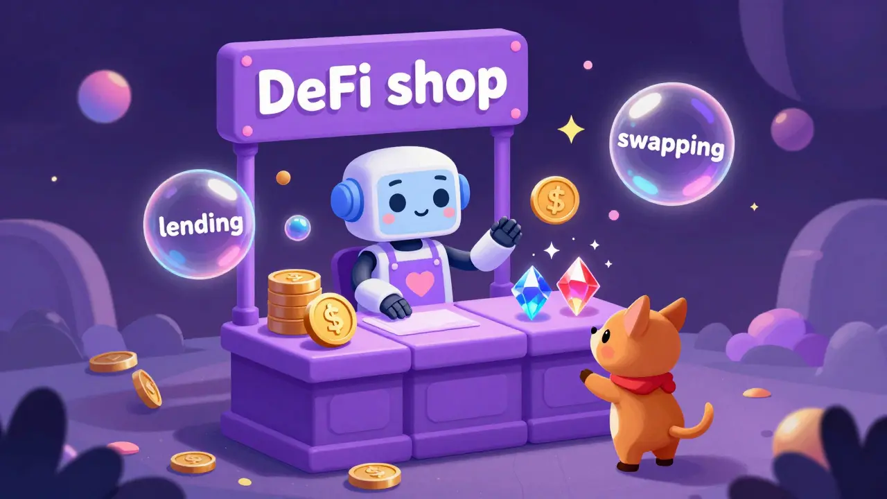 A friendly robot in a colorful fantasy shop explaining decentralized finance concepts.