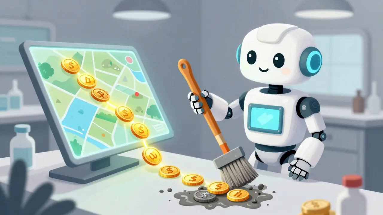 A friendly robot sorting bright gold coins from grey coins using a holographic map.