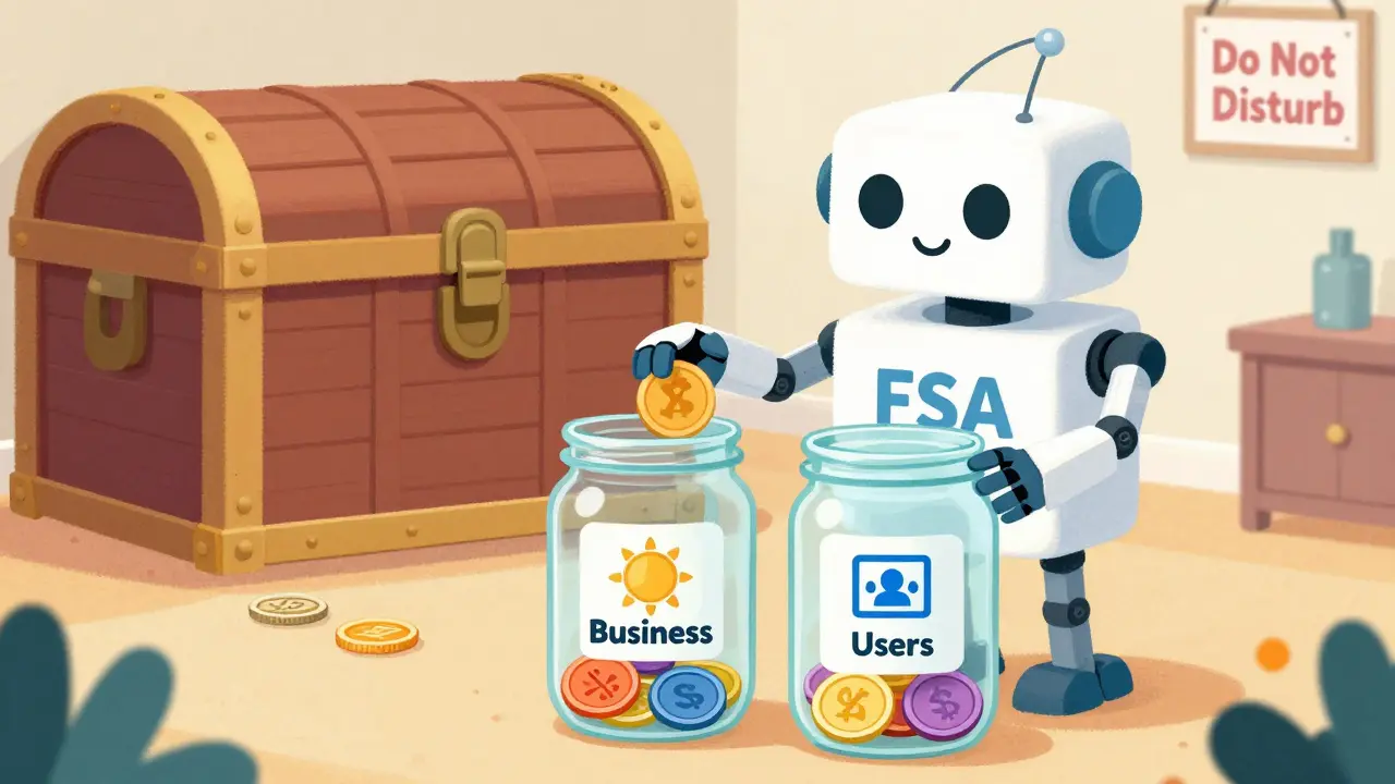 A friendly robot sorting digital coins into separate jars for user and business funds.
