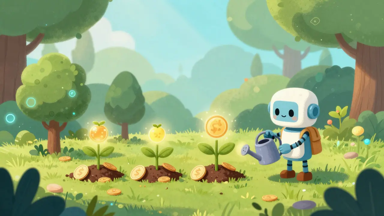 A friendly robot watering a garden of coins that are growing into glowing trees.