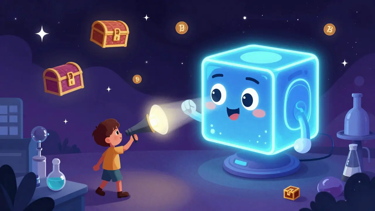 A glowing quantum computer shining a light on floating locked chests in a starry void.