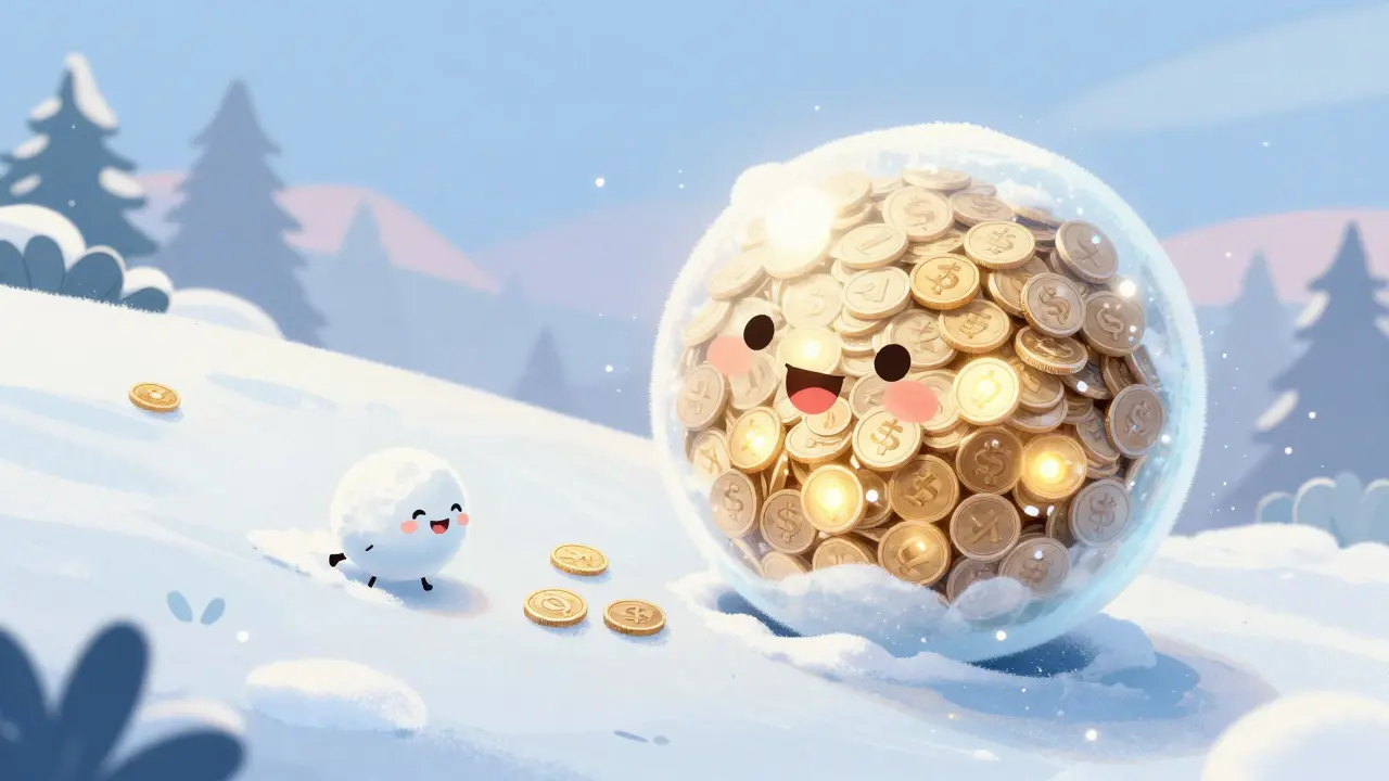 A glowing snowball of digital coins growing larger as it rolls down a sparkling hill.