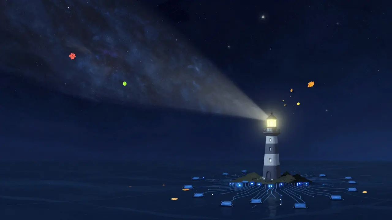 A lonely digital lighthouse on a floating island in a starry cosmic ocean.