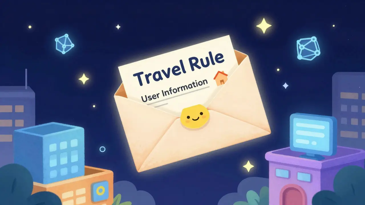 A magical glowing envelope carrying user information between two digital exchange buildings.