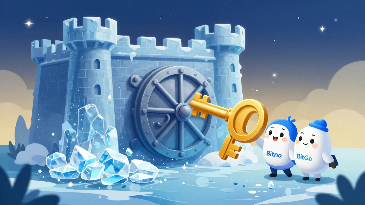 A magical ice vault and two guardians holding halves of a golden security key.