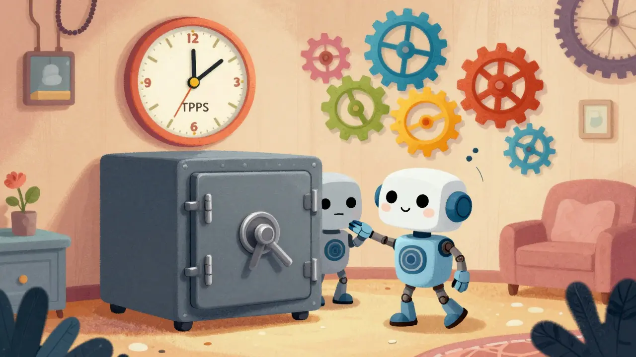 A robot guarding a digital vault with colorful gears representing transaction speed.