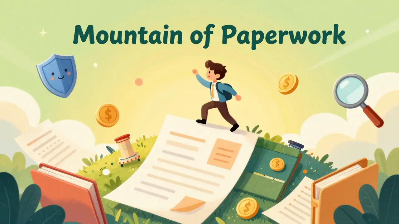 A small character climbing a hill of oversized legal documents and gold coins.