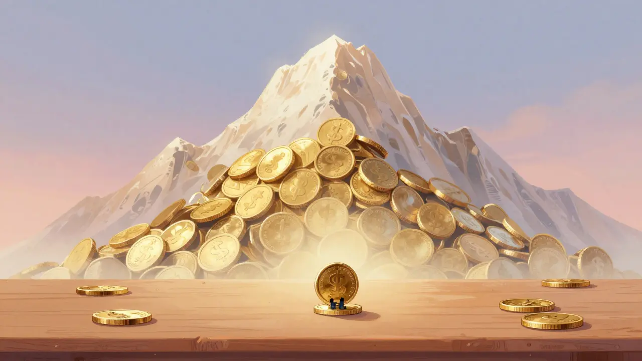 A small coin next to a ghostly, transparent mountain of gold representing a price anomaly.
