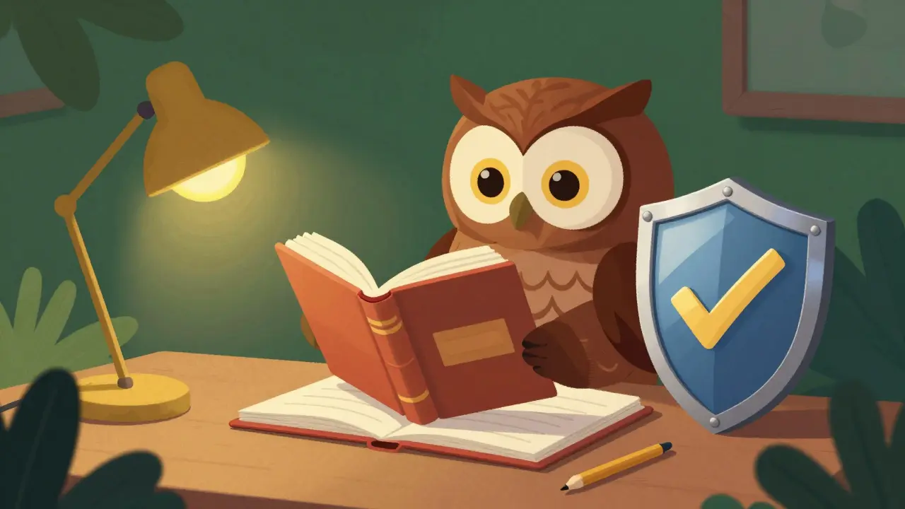 A wise owl reviewing a financial ledger next to a golden security shield.