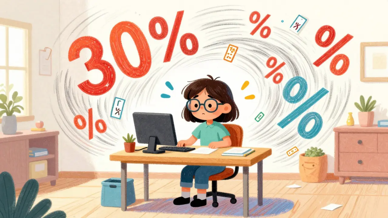 A woman at a desk surrounded by a whirlwind of 30% and 1% tax symbols.