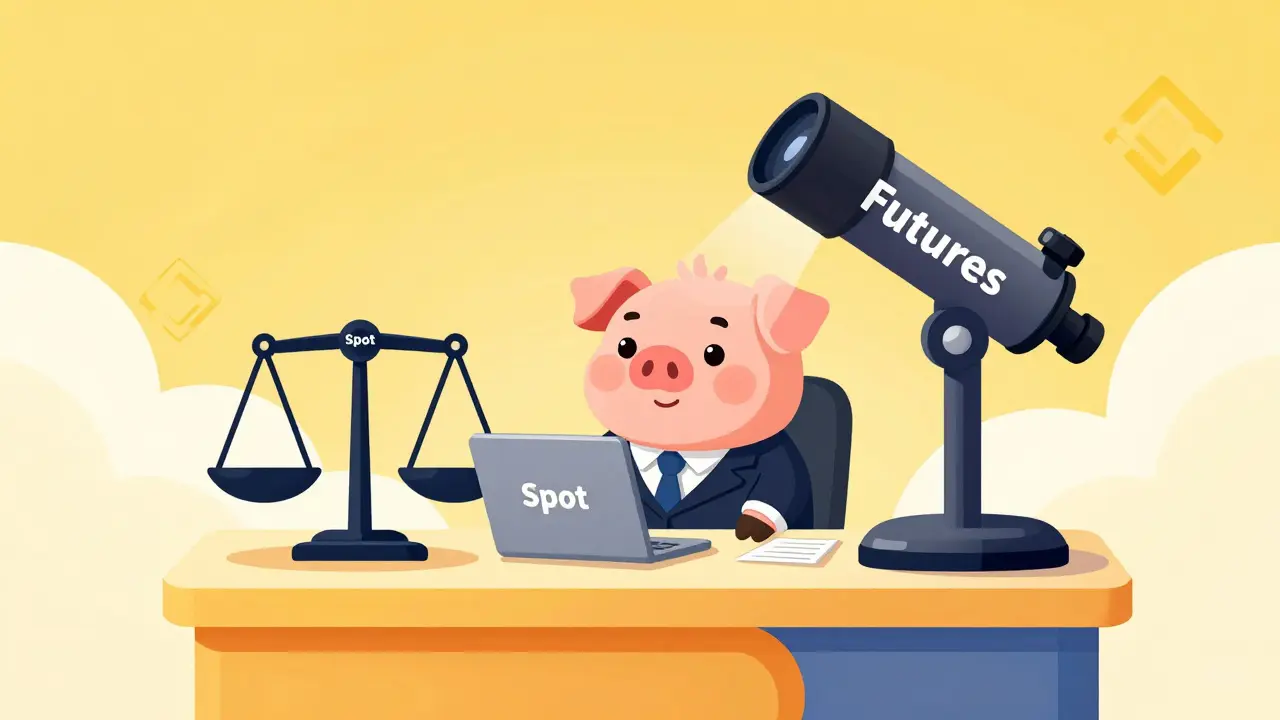 Cartoon pig trader with a scale and telescope representing spot and futures trading.
