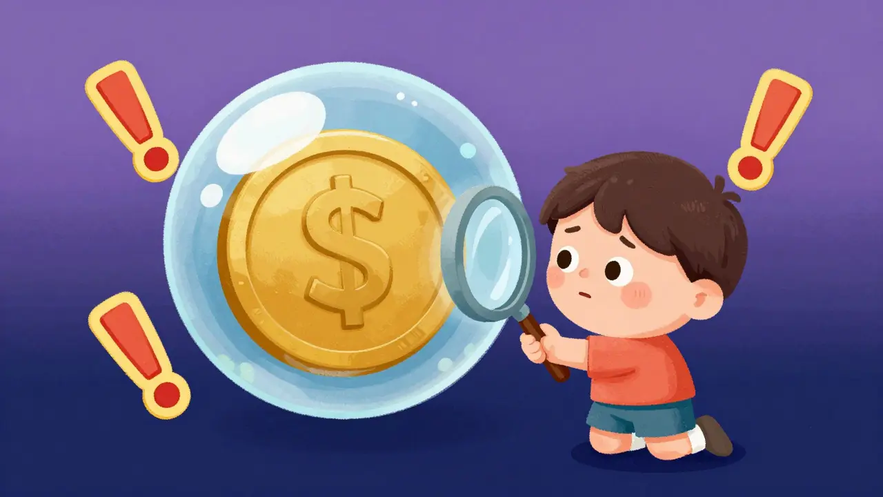 Character using a magnifying glass to inspect a dormant gold coin in a bubble.