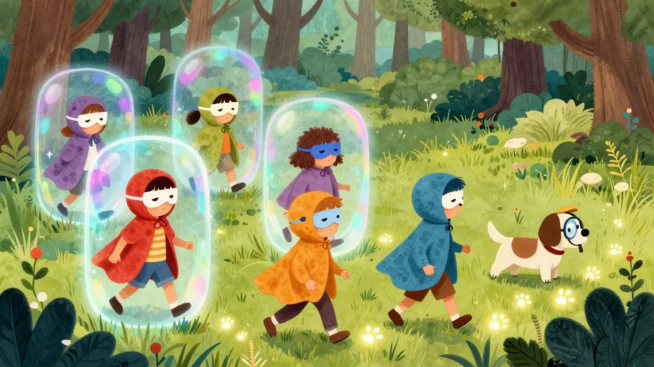 Characters in cloaks using magic portals in a colorful forest with a detective dog.