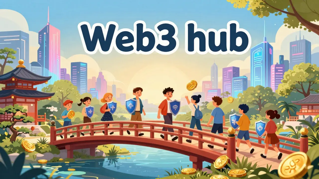 Cheerful illustration of a bridge leading to a futuristic digital city representing Japan's Web3 future.