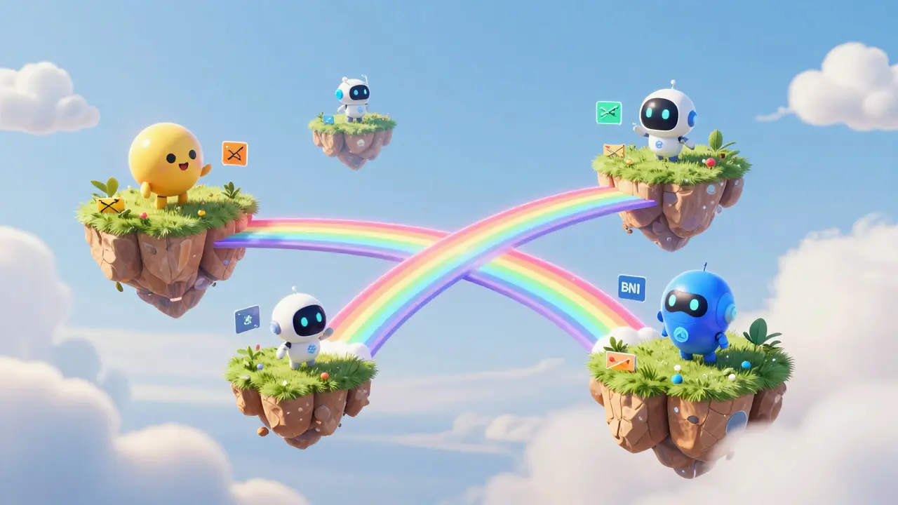 Colorful rainbow bridge connecting four floating blockchain islands with cute robots.