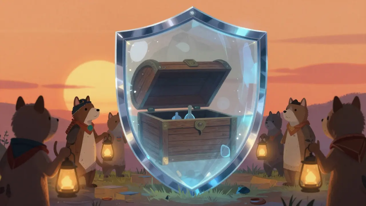 Crystal shield protects a treasure chest from guards holding lanterns.