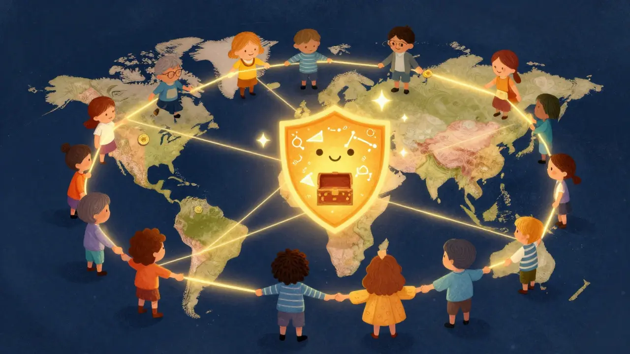 Cute characters around the world connected by glowing gold lines and a protective shield.
