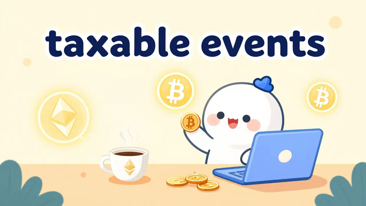 Cute characters trading digital coins for coffee and electronics in a colorful, illustrated setting.