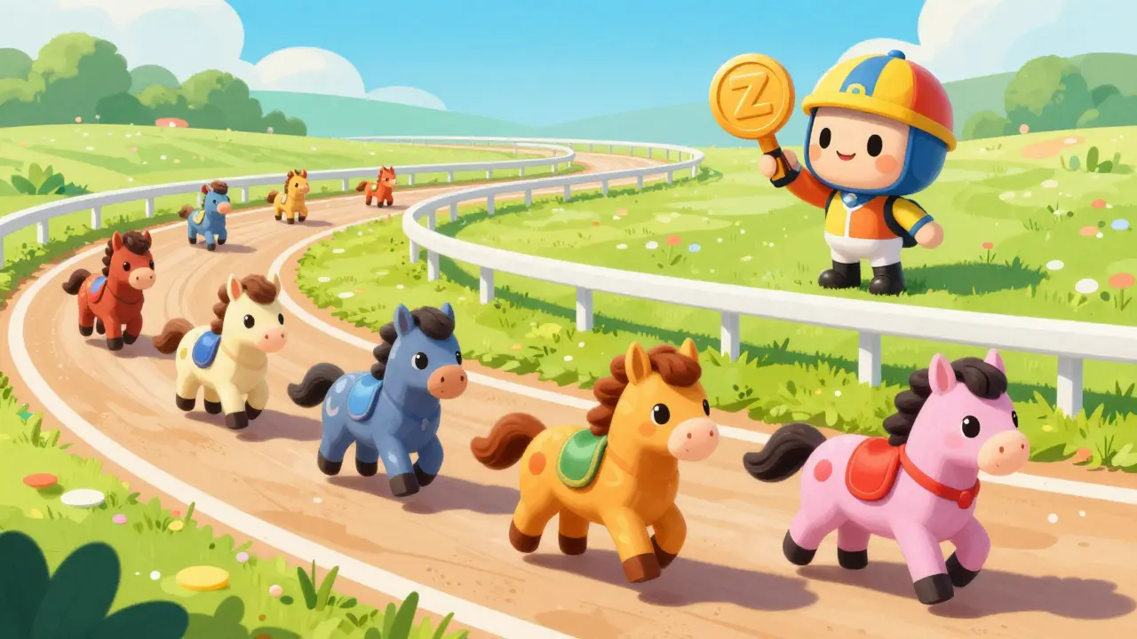 Cute stylized horses racing on a vibrant digital track in a children's book style.